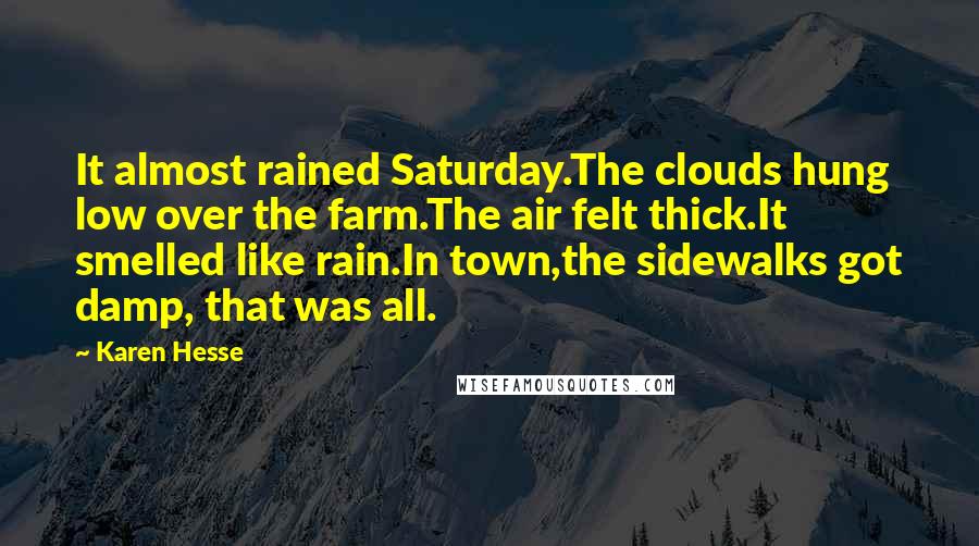 Karen Hesse Quotes: It almost rained Saturday.The clouds hung low over the farm.The air felt thick.It smelled like rain.In town,the sidewalks got damp, that was all.