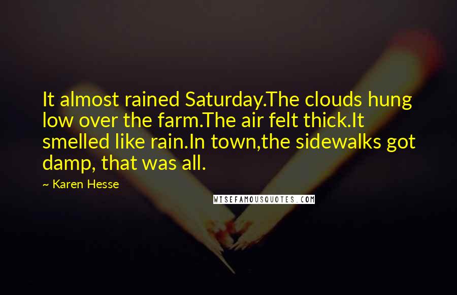 Karen Hesse Quotes: It almost rained Saturday.The clouds hung low over the farm.The air felt thick.It smelled like rain.In town,the sidewalks got damp, that was all.