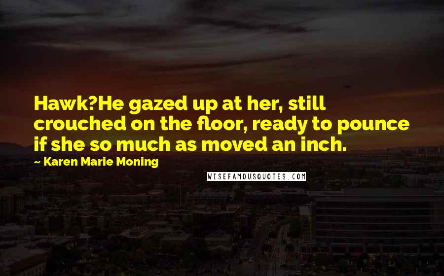 Karen Marie Moning Quotes: Hawk?He gazed up at her, still crouched on the floor, ready to pounce if she so much as moved an inch.