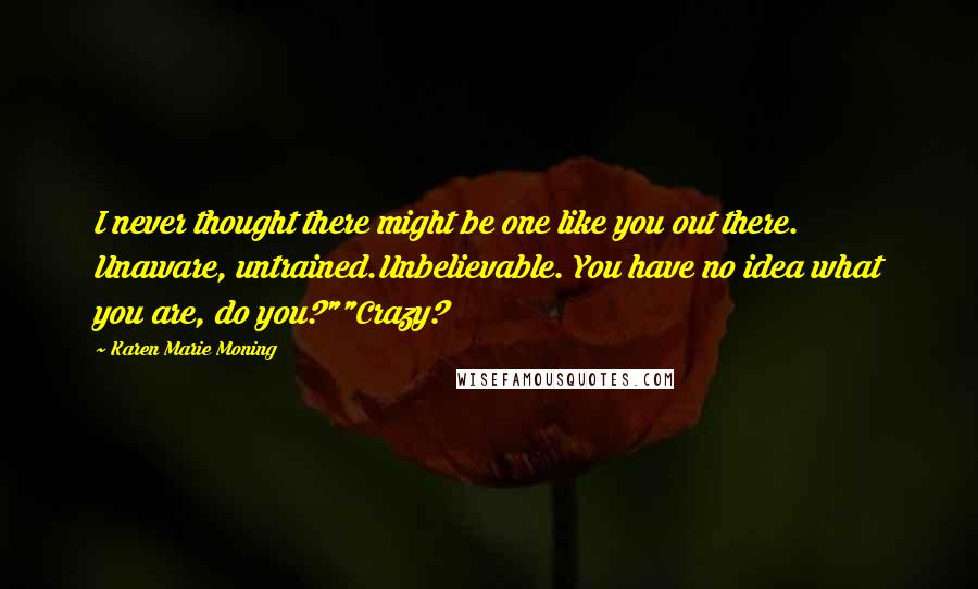 Karen Marie Moning Quotes: I never thought there might be one like you out there. Unaware, untrained.Unbelievable. You have no idea what you are, do you?""Crazy?