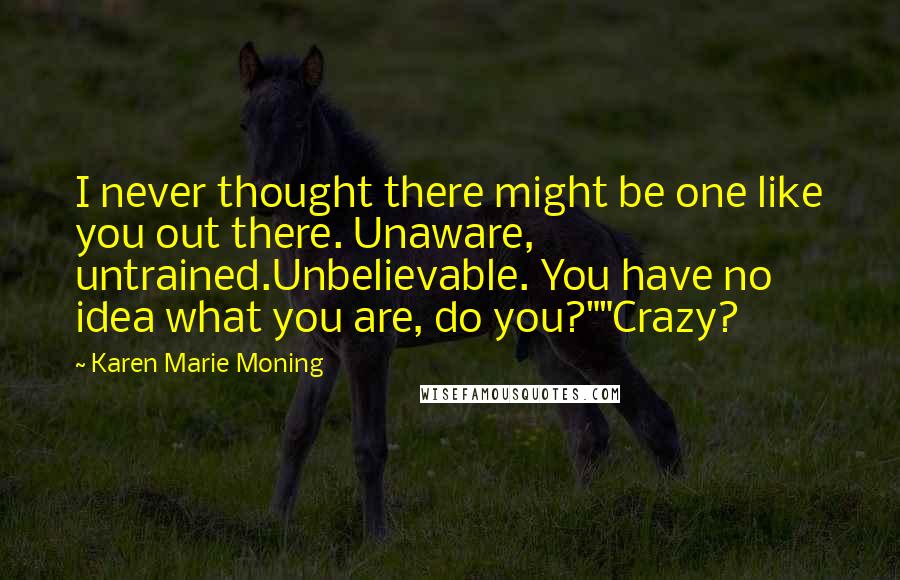 Karen Marie Moning Quotes: I never thought there might be one like you out there. Unaware, untrained.Unbelievable. You have no idea what you are, do you?""Crazy?