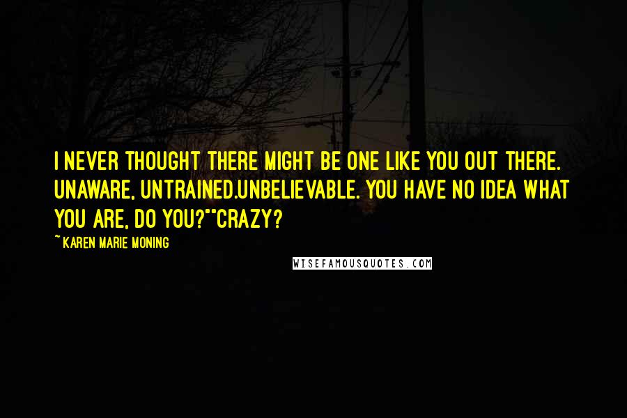 Karen Marie Moning Quotes: I never thought there might be one like you out there. Unaware, untrained.Unbelievable. You have no idea what you are, do you?""Crazy?