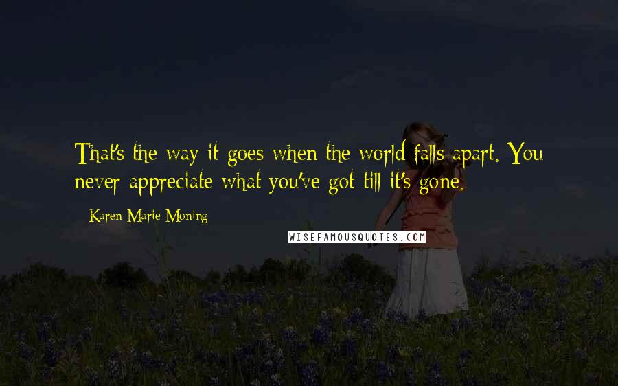 Karen Marie Moning Quotes: That's the way it goes when the world falls apart. You never appreciate what you've got till it's gone.