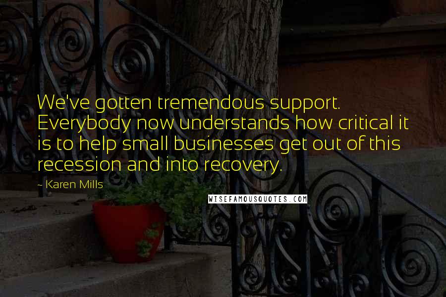 Karen Mills Quotes: We've gotten tremendous support. Everybody now understands how critical it is to help small businesses get out of this recession and into recovery.