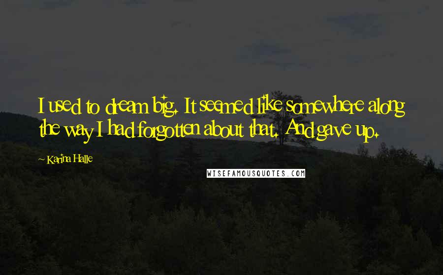 Karina Halle Quotes: I used to dream big. It seemed like somewhere along the way I had forgotten about that. And gave up.