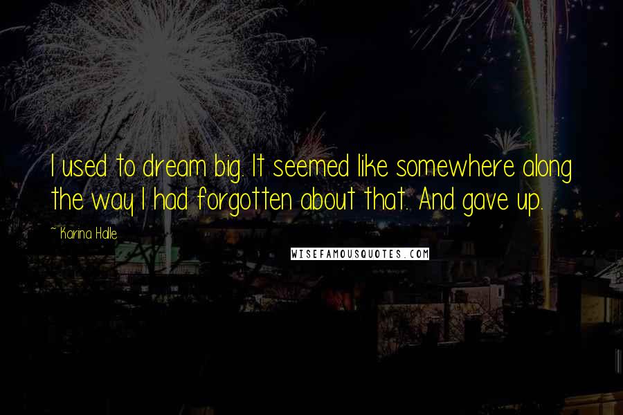 Karina Halle Quotes: I used to dream big. It seemed like somewhere along the way I had forgotten about that. And gave up.
