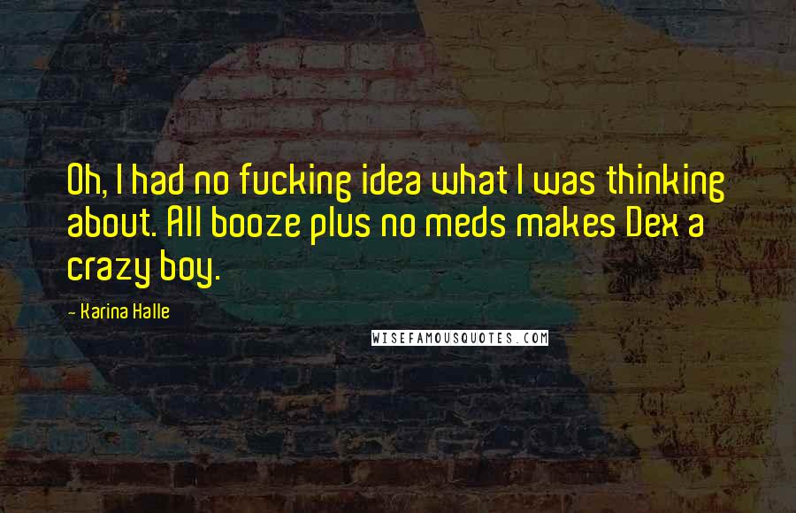 Karina Halle Quotes: Oh, I had no fucking idea what I was thinking about. All booze plus no meds makes Dex a crazy boy.