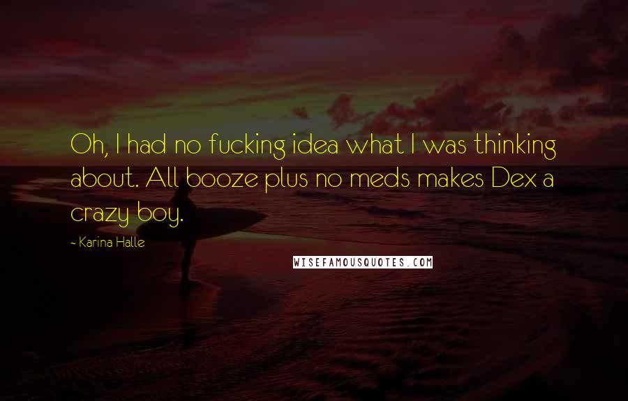 Karina Halle Quotes: Oh, I had no fucking idea what I was thinking about. All booze plus no meds makes Dex a crazy boy.