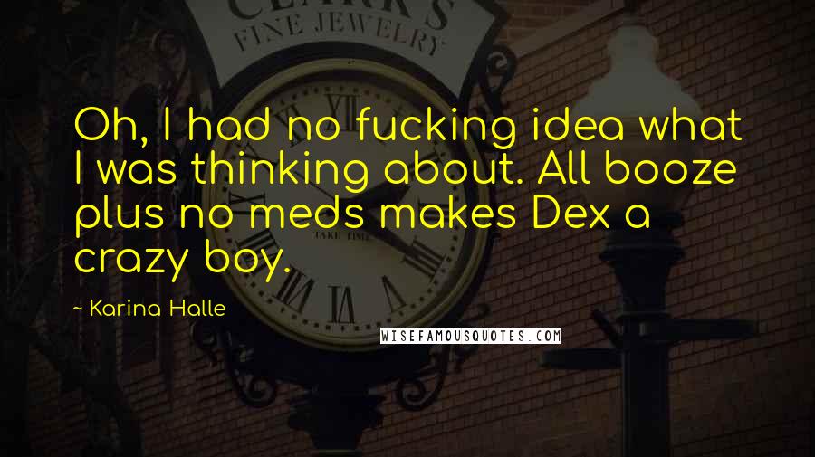 Karina Halle Quotes: Oh, I had no fucking idea what I was thinking about. All booze plus no meds makes Dex a crazy boy.