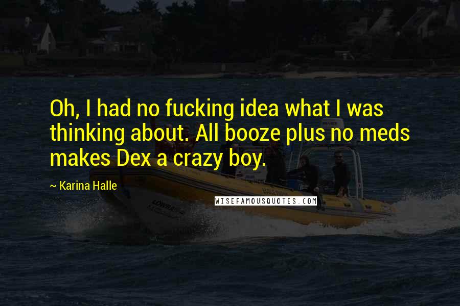 Karina Halle Quotes: Oh, I had no fucking idea what I was thinking about. All booze plus no meds makes Dex a crazy boy.