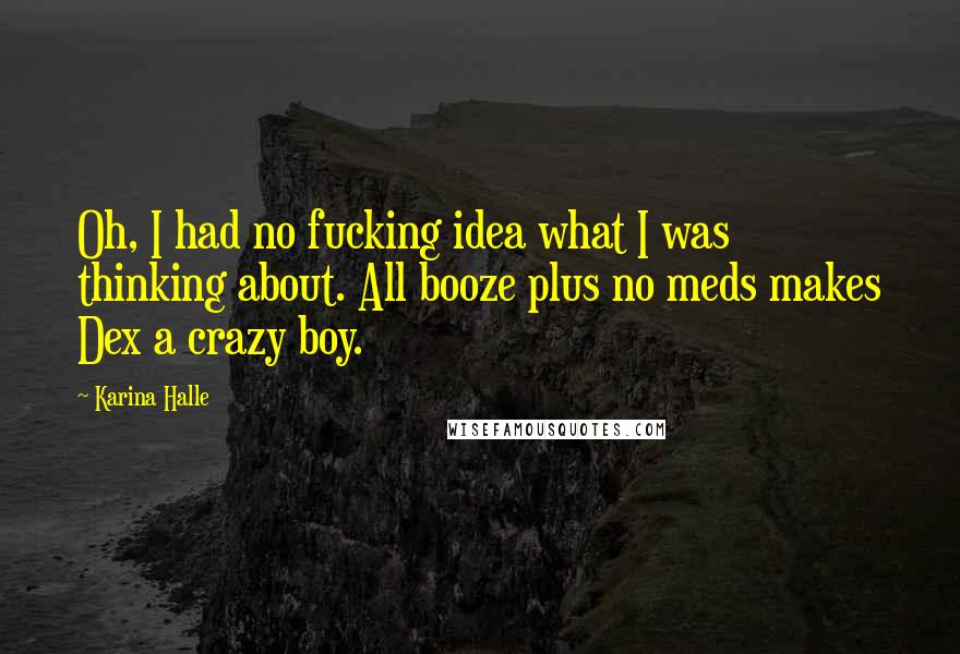 Karina Halle Quotes: Oh, I had no fucking idea what I was thinking about. All booze plus no meds makes Dex a crazy boy.