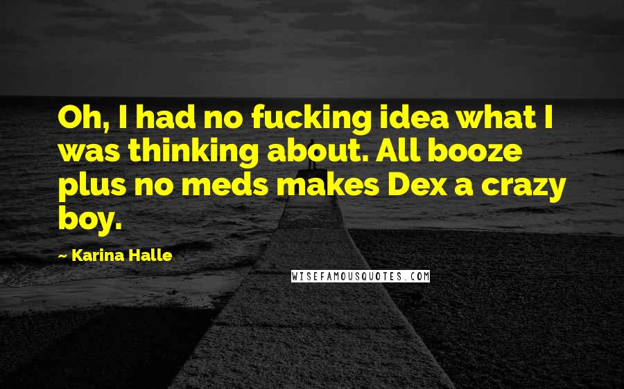 Karina Halle Quotes: Oh, I had no fucking idea what I was thinking about. All booze plus no meds makes Dex a crazy boy.