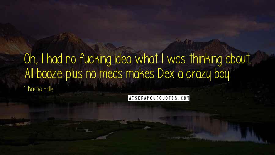 Karina Halle Quotes: Oh, I had no fucking idea what I was thinking about. All booze plus no meds makes Dex a crazy boy.