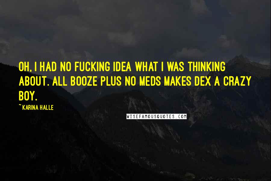 Karina Halle Quotes: Oh, I had no fucking idea what I was thinking about. All booze plus no meds makes Dex a crazy boy.