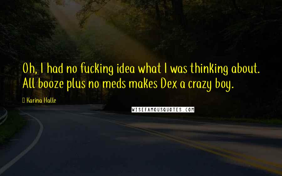 Karina Halle Quotes: Oh, I had no fucking idea what I was thinking about. All booze plus no meds makes Dex a crazy boy.