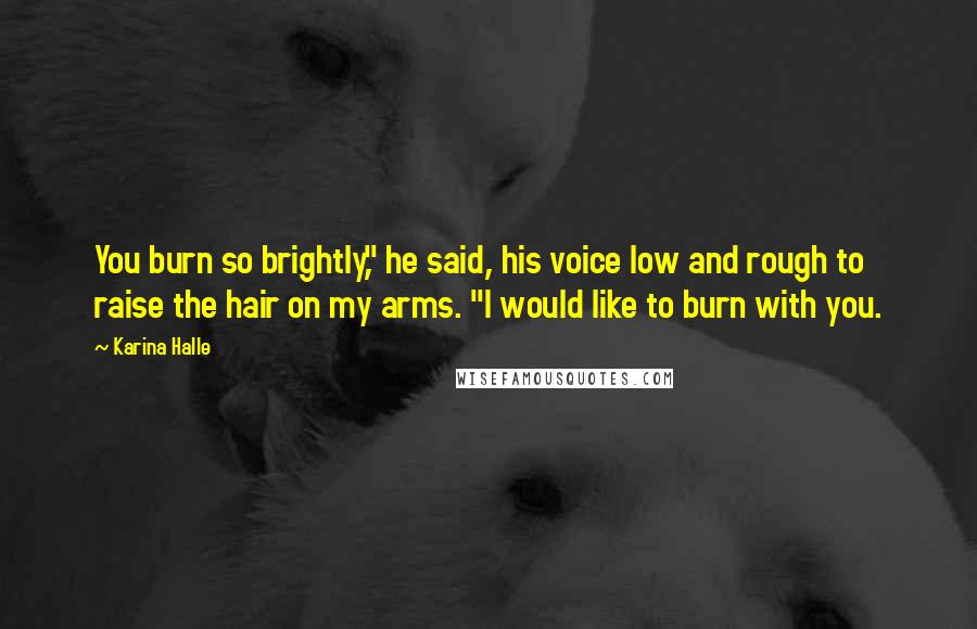 Karina Halle Quotes: You burn so brightly," he said, his voice low and rough to raise the hair on my arms. "I would like to burn with you.