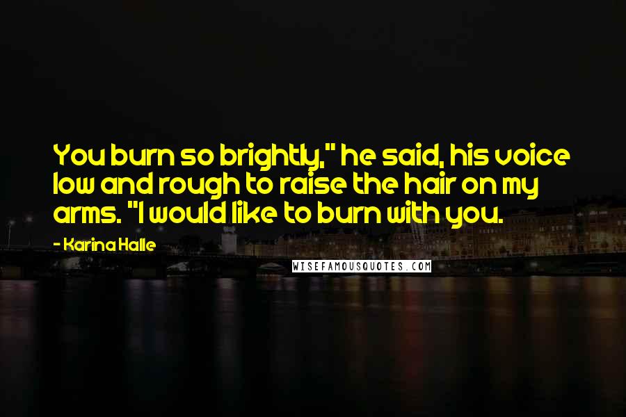 Karina Halle Quotes: You burn so brightly," he said, his voice low and rough to raise the hair on my arms. "I would like to burn with you.