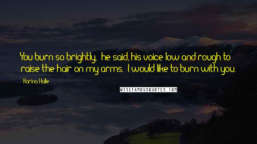 Karina Halle Quotes: You burn so brightly," he said, his voice low and rough to raise the hair on my arms. "I would like to burn with you.