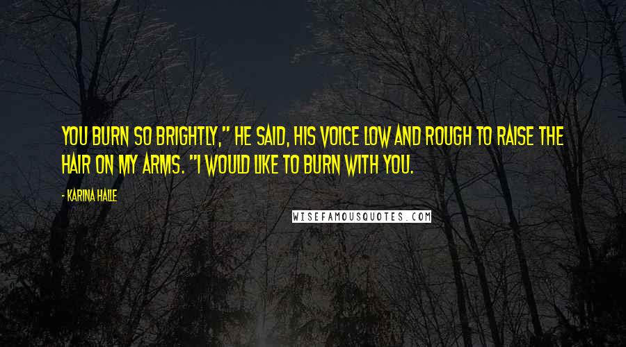 Karina Halle Quotes: You burn so brightly," he said, his voice low and rough to raise the hair on my arms. "I would like to burn with you.