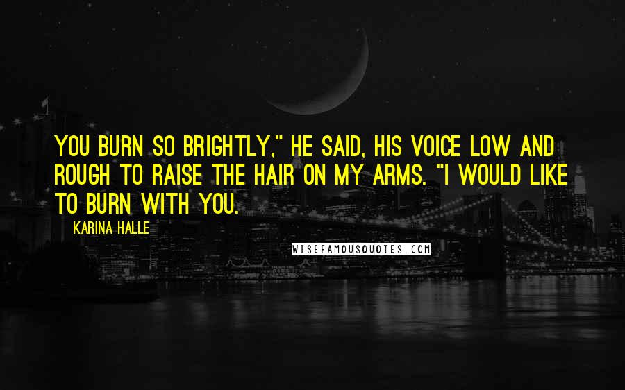 Karina Halle Quotes: You burn so brightly," he said, his voice low and rough to raise the hair on my arms. "I would like to burn with you.