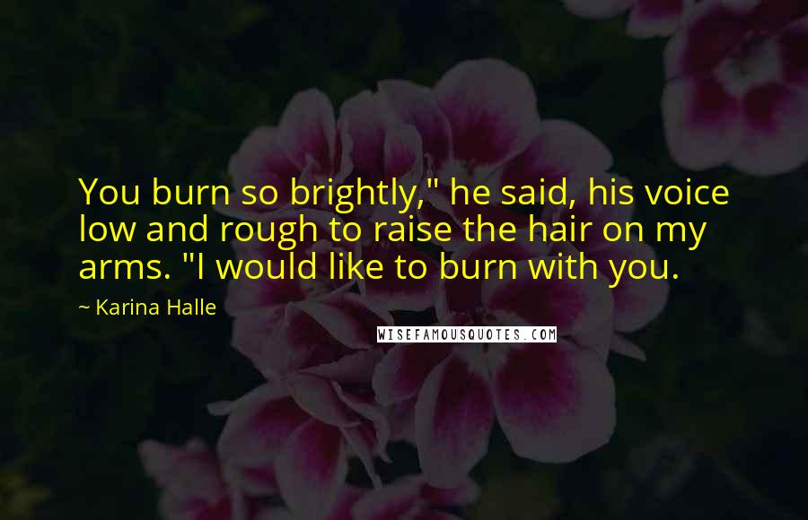 Karina Halle Quotes: You burn so brightly," he said, his voice low and rough to raise the hair on my arms. "I would like to burn with you.