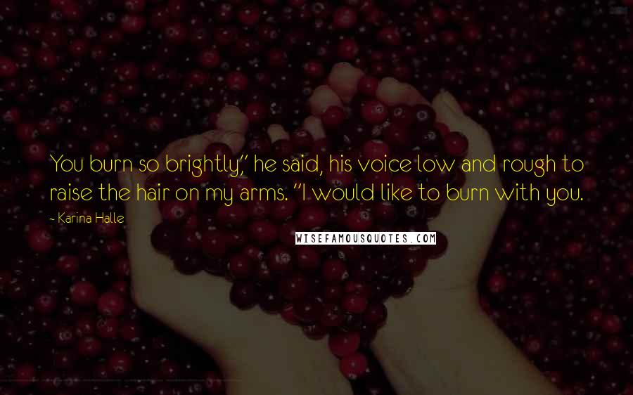 Karina Halle Quotes: You burn so brightly," he said, his voice low and rough to raise the hair on my arms. "I would like to burn with you.