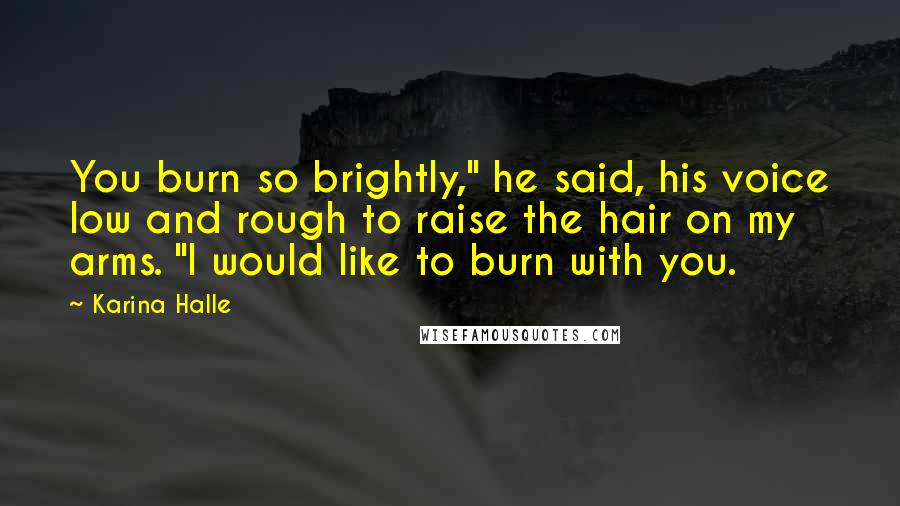 Karina Halle Quotes: You burn so brightly," he said, his voice low and rough to raise the hair on my arms. "I would like to burn with you.