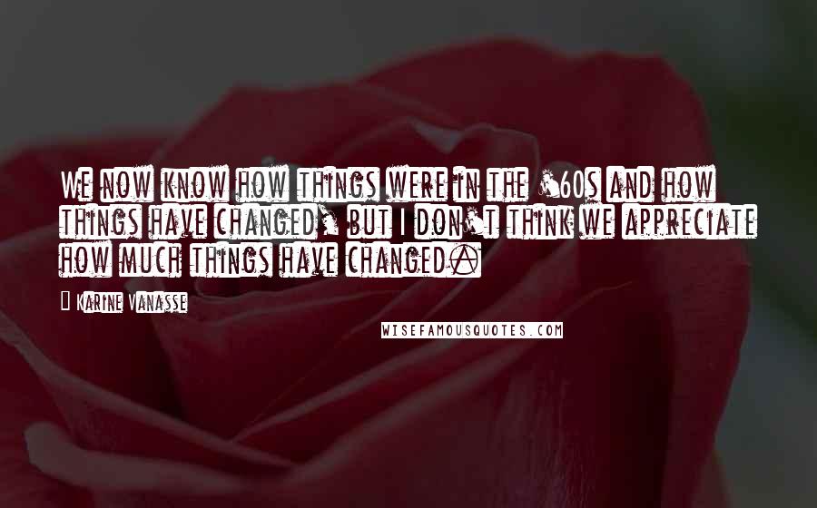 Karine Vanasse Quotes: We now know how things were in the '60s and how things have changed, but I don't think we appreciate how much things have changed.