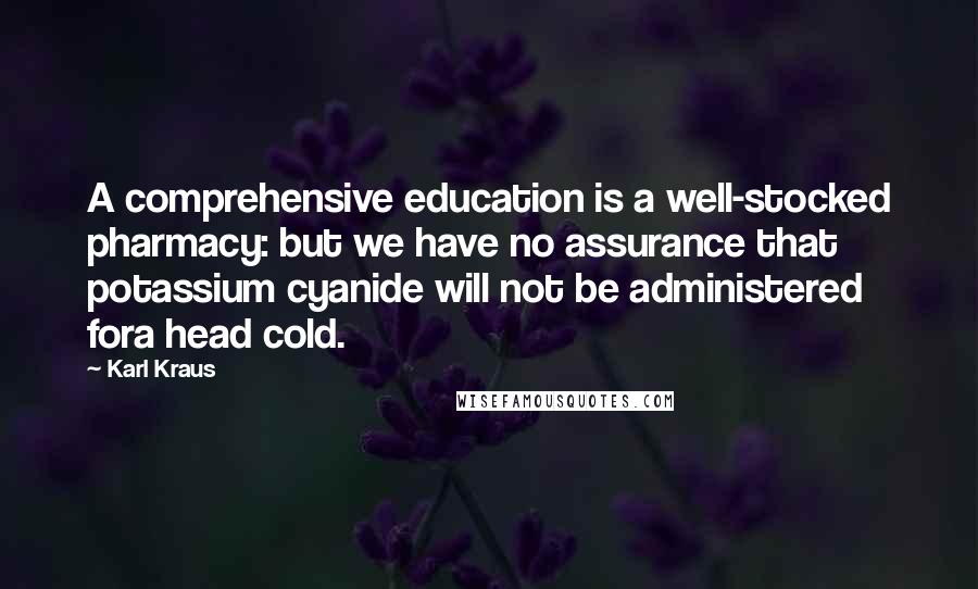 Karl Kraus Quotes: A comprehensive education is a well-stocked pharmacy: but we have no assurance that potassium cyanide will not be administered fora head cold.