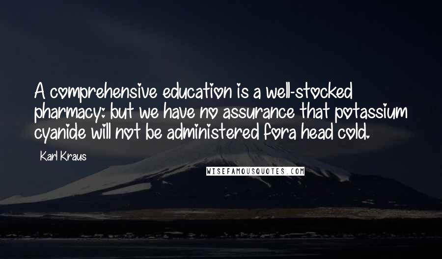 Karl Kraus Quotes: A comprehensive education is a well-stocked pharmacy: but we have no assurance that potassium cyanide will not be administered fora head cold.
