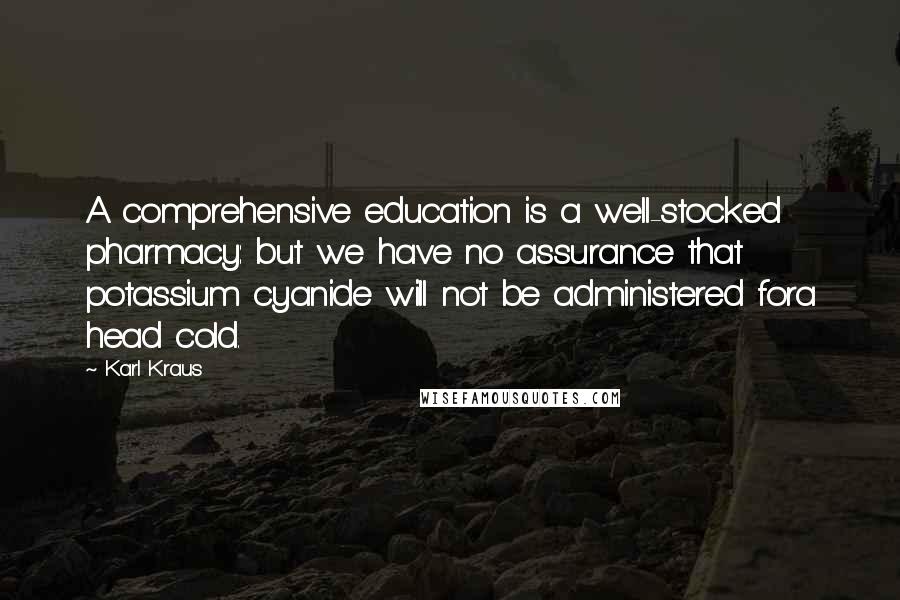 Karl Kraus Quotes: A comprehensive education is a well-stocked pharmacy: but we have no assurance that potassium cyanide will not be administered fora head cold.
