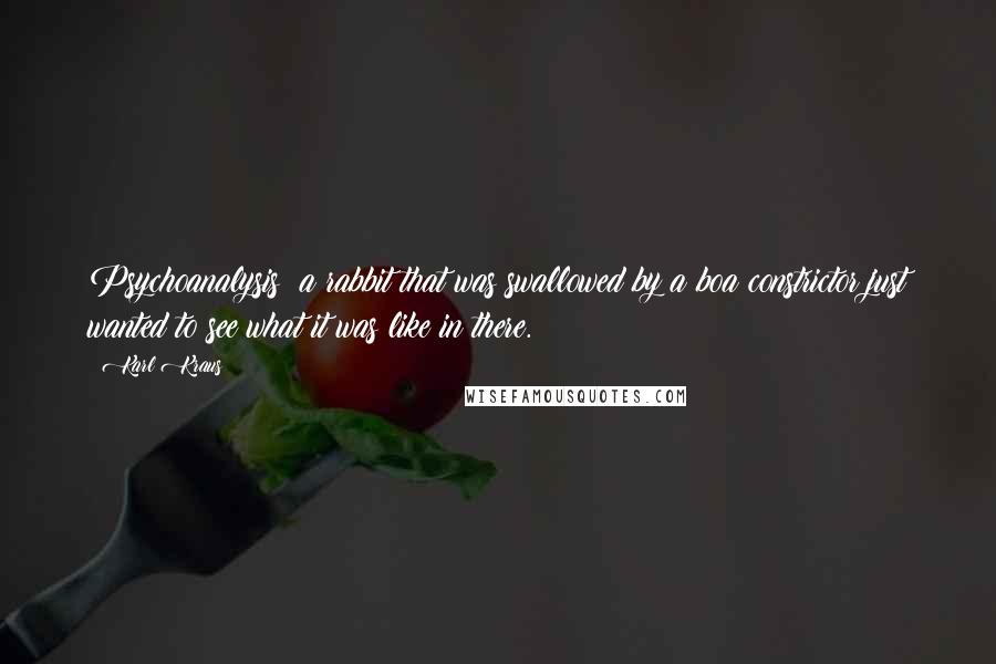 Karl Kraus Quotes: Psychoanalysis: a rabbit that was swallowed by a boa constrictor just wanted to see what it was like in there.