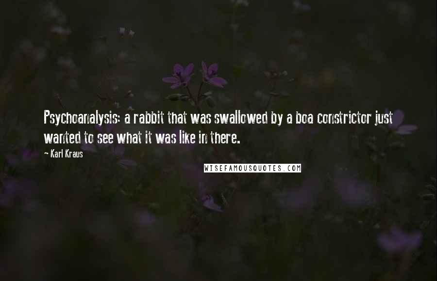 Karl Kraus Quotes: Psychoanalysis: a rabbit that was swallowed by a boa constrictor just wanted to see what it was like in there.