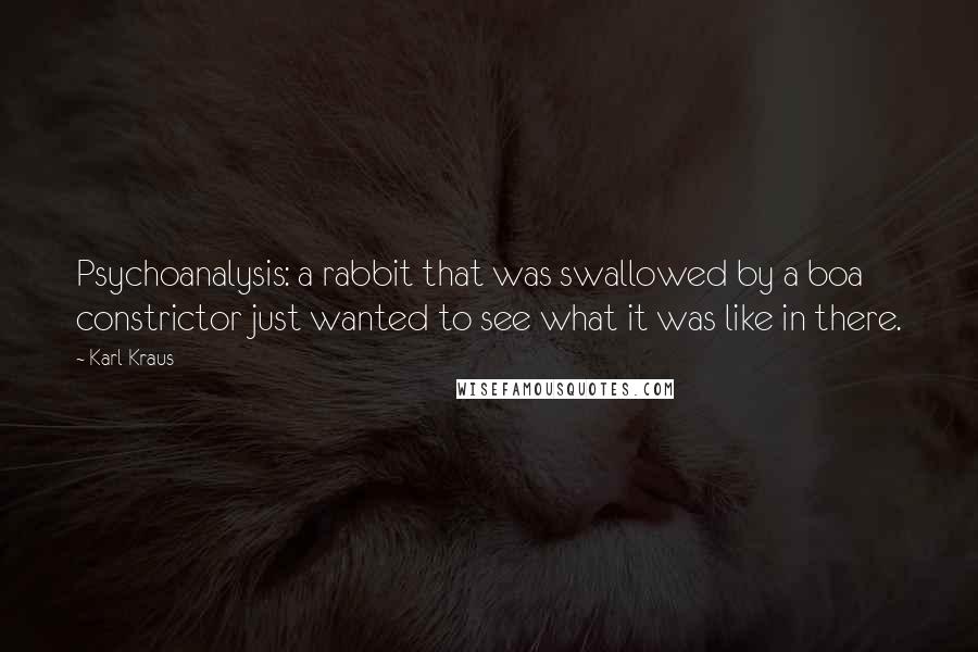 Karl Kraus Quotes: Psychoanalysis: a rabbit that was swallowed by a boa constrictor just wanted to see what it was like in there.