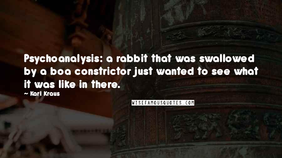 Karl Kraus Quotes: Psychoanalysis: a rabbit that was swallowed by a boa constrictor just wanted to see what it was like in there.