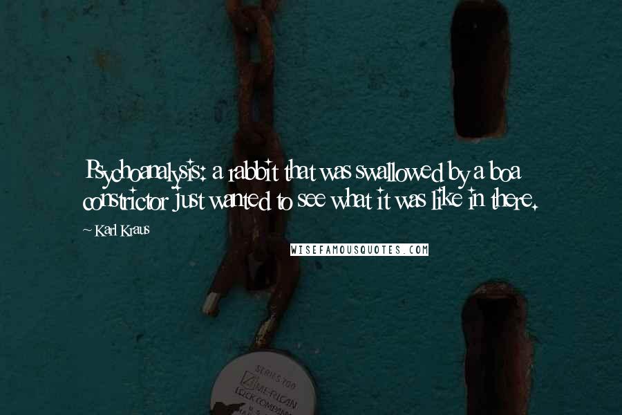 Karl Kraus Quotes: Psychoanalysis: a rabbit that was swallowed by a boa constrictor just wanted to see what it was like in there.