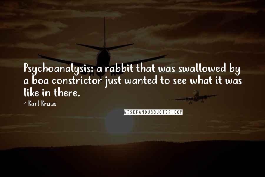 Karl Kraus Quotes: Psychoanalysis: a rabbit that was swallowed by a boa constrictor just wanted to see what it was like in there.