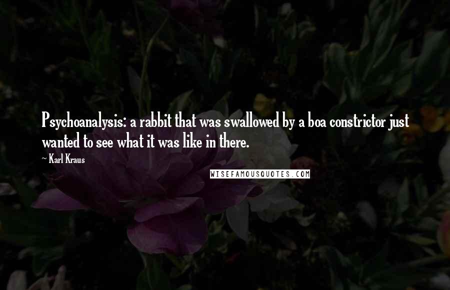 Karl Kraus Quotes: Psychoanalysis: a rabbit that was swallowed by a boa constrictor just wanted to see what it was like in there.