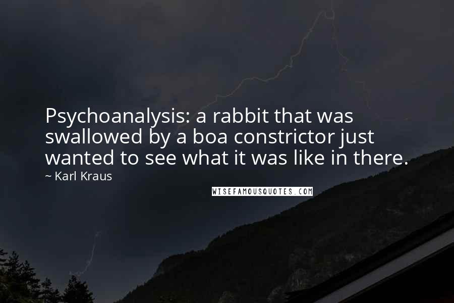 Karl Kraus Quotes: Psychoanalysis: a rabbit that was swallowed by a boa constrictor just wanted to see what it was like in there.