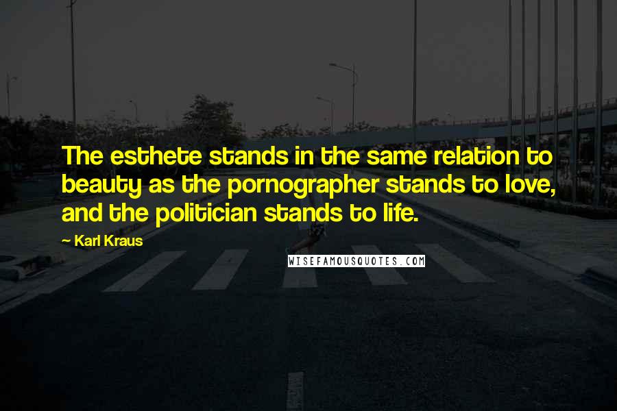 Karl Kraus Quotes: The esthete stands in the same relation to beauty as the pornographer stands to love, and the politician stands to life.