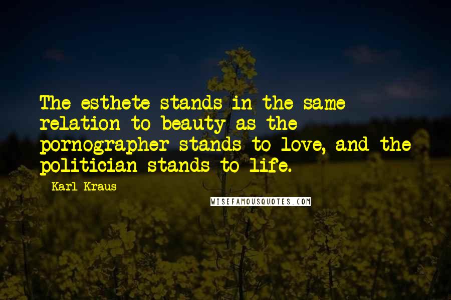 Karl Kraus Quotes: The esthete stands in the same relation to beauty as the pornographer stands to love, and the politician stands to life.