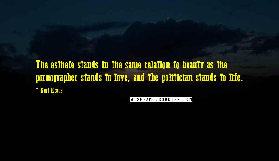 Karl Kraus Quotes: The esthete stands in the same relation to beauty as the pornographer stands to love, and the politician stands to life.