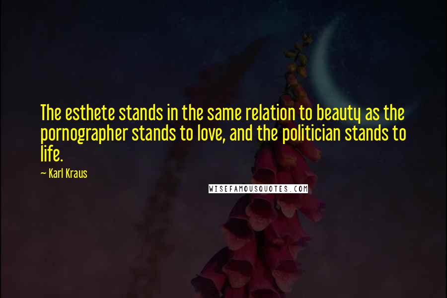 Karl Kraus Quotes: The esthete stands in the same relation to beauty as the pornographer stands to love, and the politician stands to life.