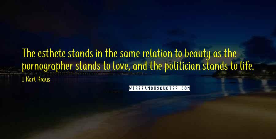 Karl Kraus Quotes: The esthete stands in the same relation to beauty as the pornographer stands to love, and the politician stands to life.