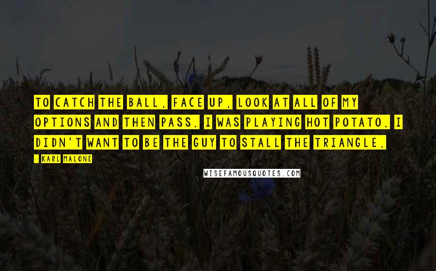 Karl Malone Quotes: To catch the ball, face up, look at all of my options and then pass. I was playing hot potato. I didn't want to be the guy to stall the triangle.