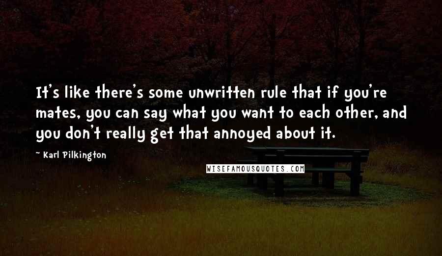 Karl Pilkington Quotes: It's like there's some unwritten rule that if you're mates, you can say what you want to each other, and you don't really get that annoyed about it.