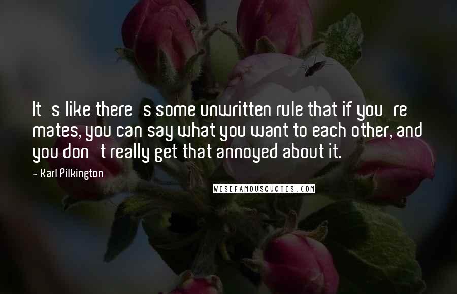 Karl Pilkington Quotes: It's like there's some unwritten rule that if you're mates, you can say what you want to each other, and you don't really get that annoyed about it.