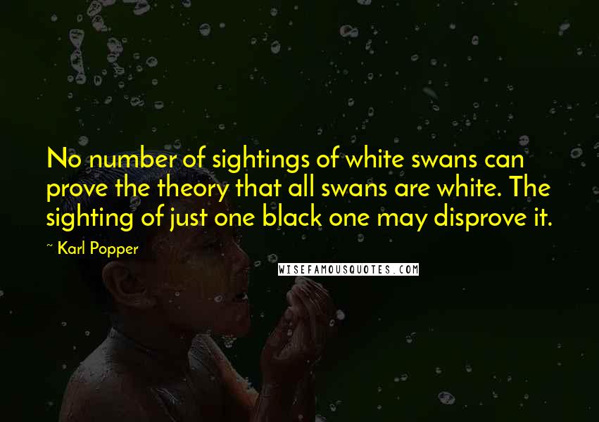 Karl Popper Quotes: No number of sightings of white swans can prove the theory that all swans are white. The sighting of just one black one may disprove it.