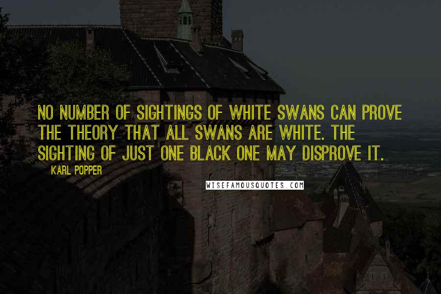 Karl Popper Quotes: No number of sightings of white swans can prove the theory that all swans are white. The sighting of just one black one may disprove it.