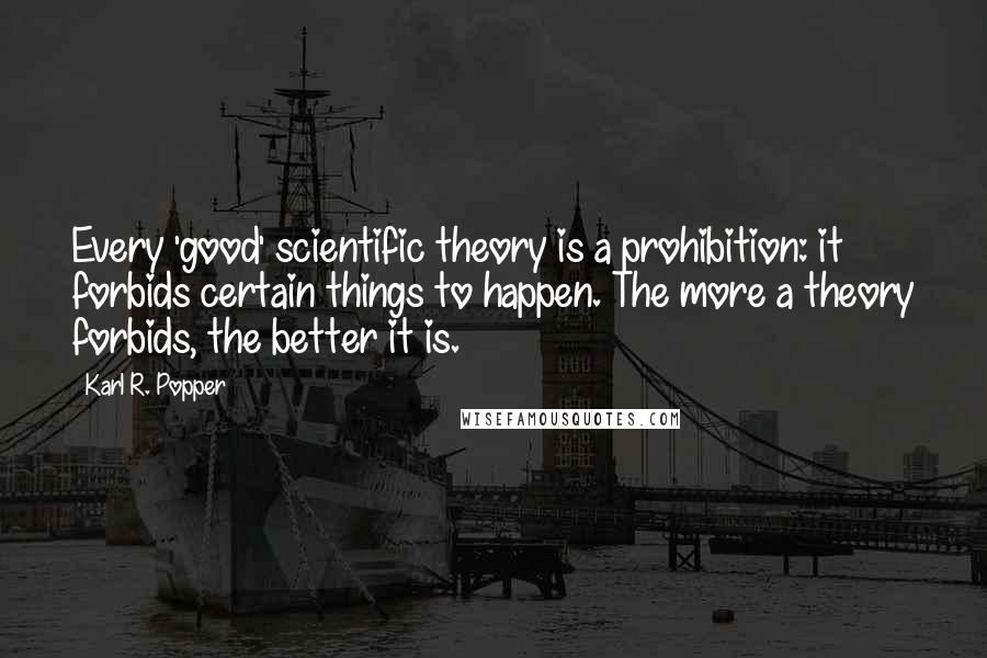 Karl R. Popper Quotes: Every 'good' scientific theory is a prohibition: it forbids certain things to happen. The more a theory forbids, the better it is.
